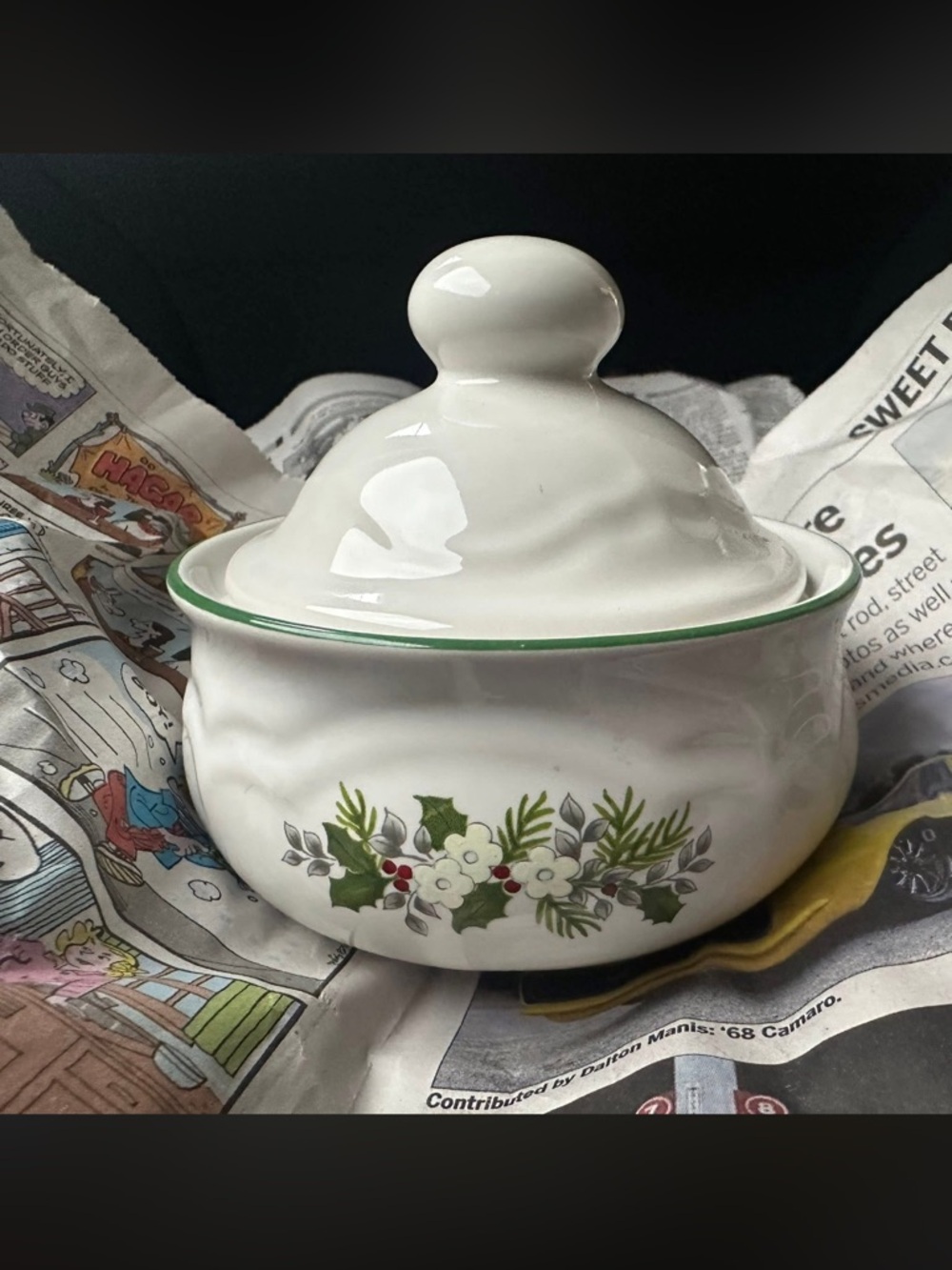 White Ceramic Covered Sugar Bowl with Green Trim and Holly Motif